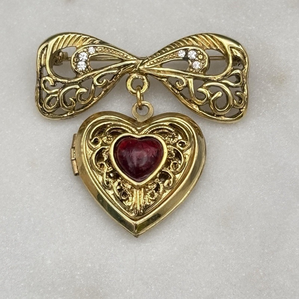 Vintage Heart Locket Dangle Brooch Bow Red Cabohon Heart Goldtone